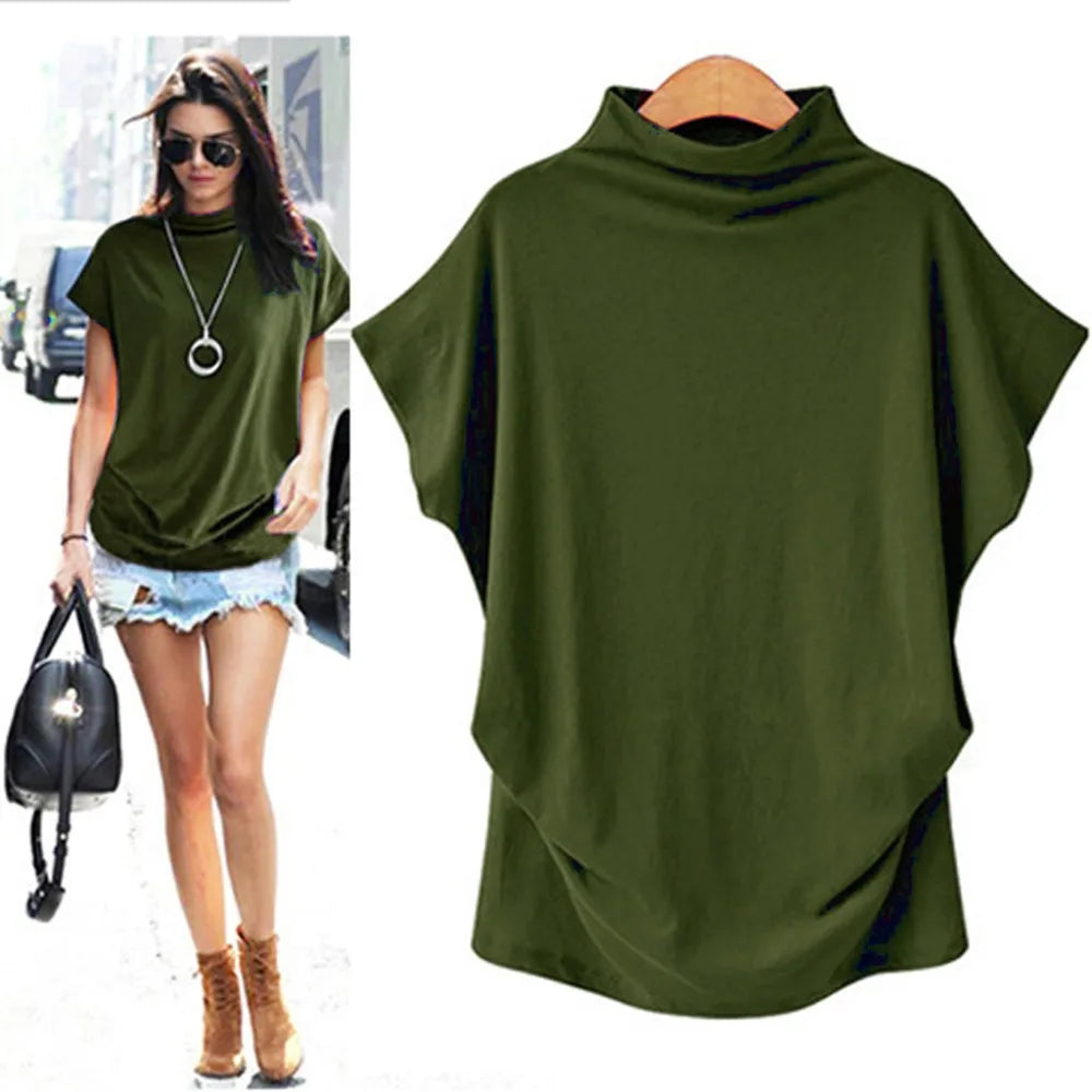 summer women's half high collar bat sleeve top solid color polyester cotton loose short sleeve T-shirt female