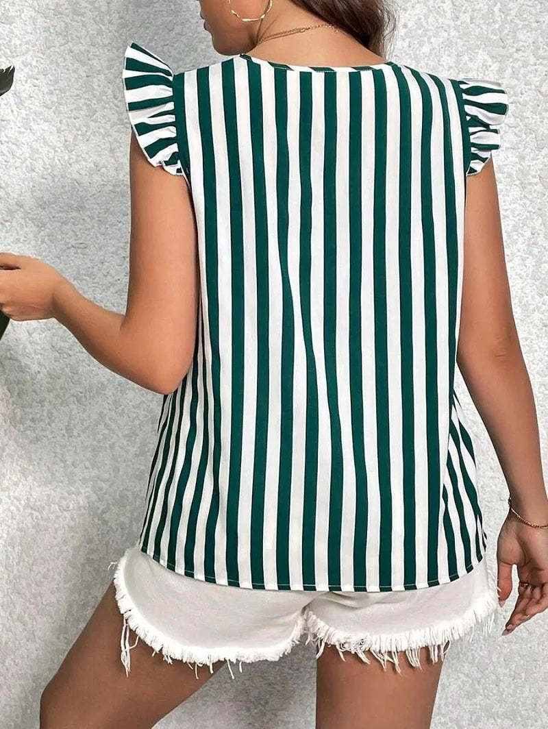 Summer Europe And The United States New Plus Size Women's V-Neck Ruffle Small Lotus Leaf Edge T-shirt Stripe Decoration