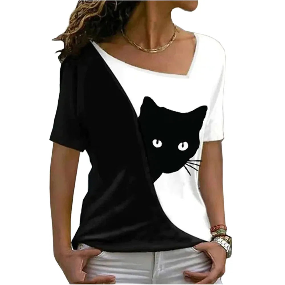 women’s blouse new style inclined collar black cat print short sleeve T-shirt women