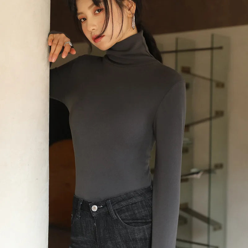 2024 Women Long Sleeve T Shirt Spring Autumn Winter Turtleneck Basic Tops Korean Casual Slim Pullover Elastic Base Tees Shirts