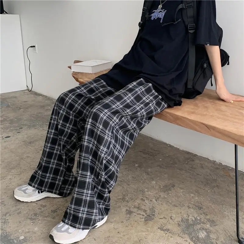 Oversize Pants Women Sweatpants Summer Fashion Black Plaid Casual Pants Elastic Waist Casual Pockets Student Unisex Trousers