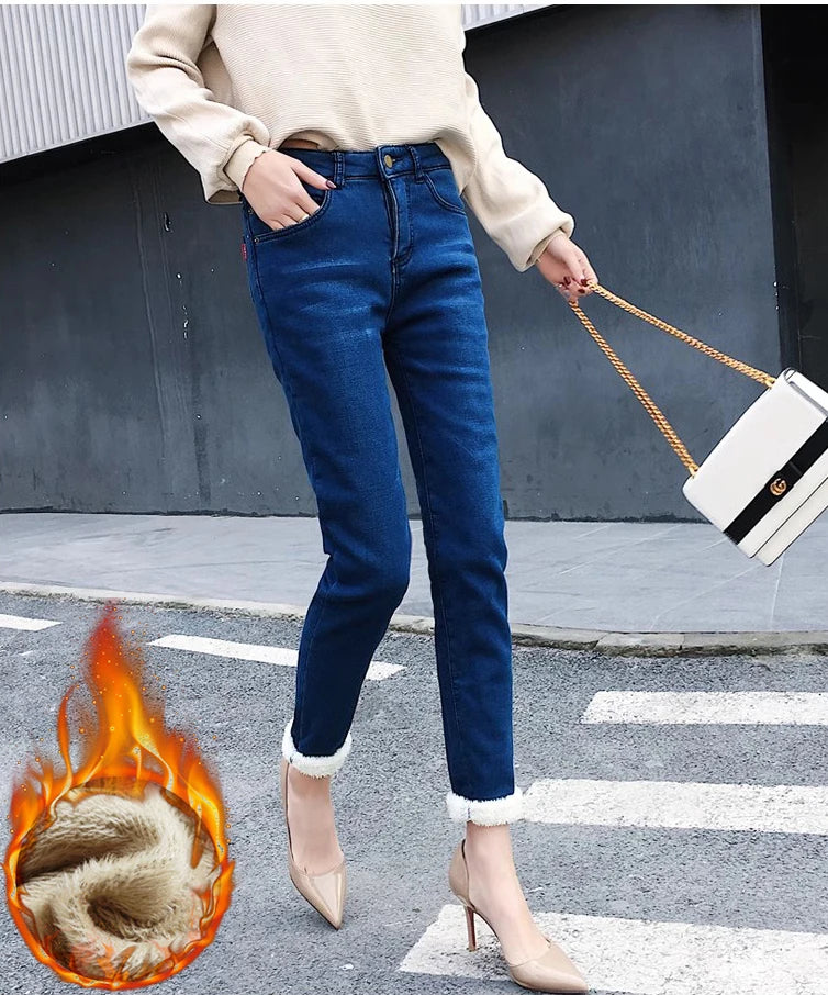 Winter Pencil Jeans Women Thicken Lamb Fluff Skinny Denim Pants High Waist Warm Lambwool Lined Stretch Vaqueros Big Size 34 Jean