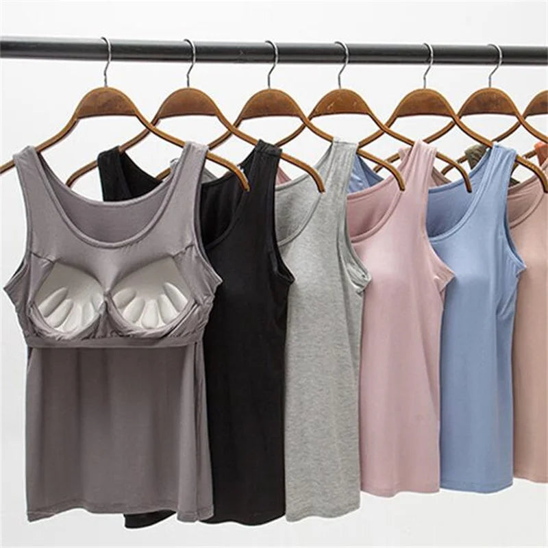 Women's Vest Tops With Built In Bra Neck Vest Padded Slim Fit Tank Tops Sexy Shirts Feminino Casual Underlay shirt slimming