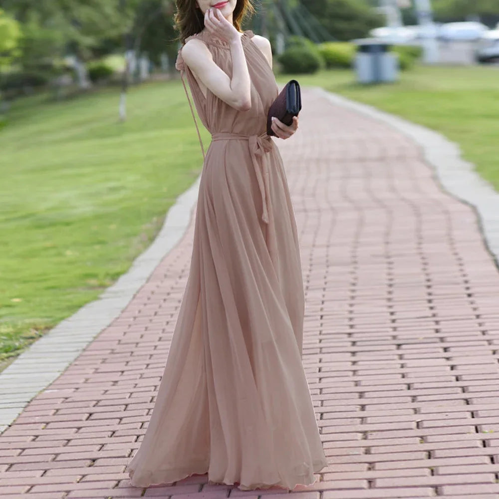 New Women Soft Chiffon Party Dress 9 Colors  Size 9 Halter Pleated Sleeveless Maxi Dress Womens Loose Clothing For Women