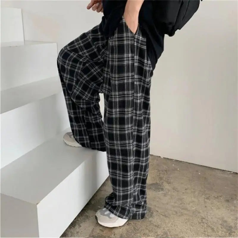 Oversize Pants Women Sweatpants Summer Fashion Black Plaid Casual Pants Elastic Waist Casual Pockets Student Unisex Trousers