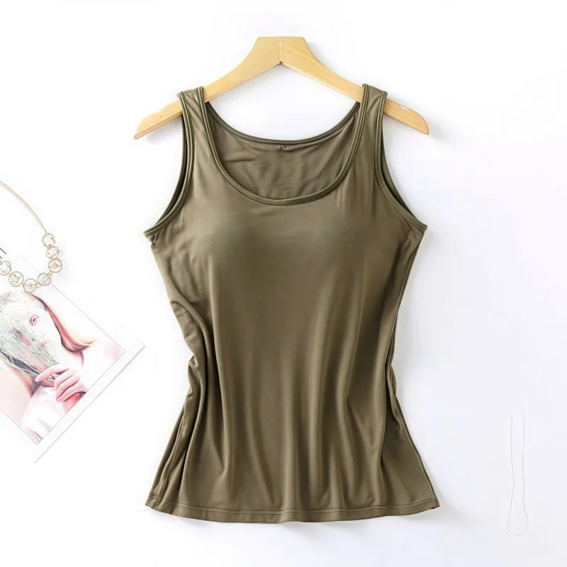 Women's Vest Tops With Built In Bra Neck Vest Padded Slim Fit Tank Tops Sexy Shirts Feminino Casual Underlay shirt slimming