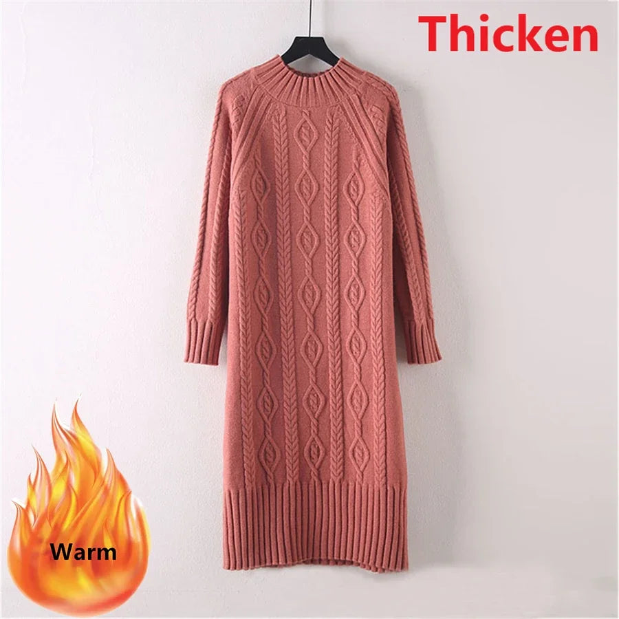 Winter Thicken Plush Velvet Lined Sweater Dress Women's Fall Half Turtleneck Rib Knit Bottom Dresses Elegant Warm Vestido Midi