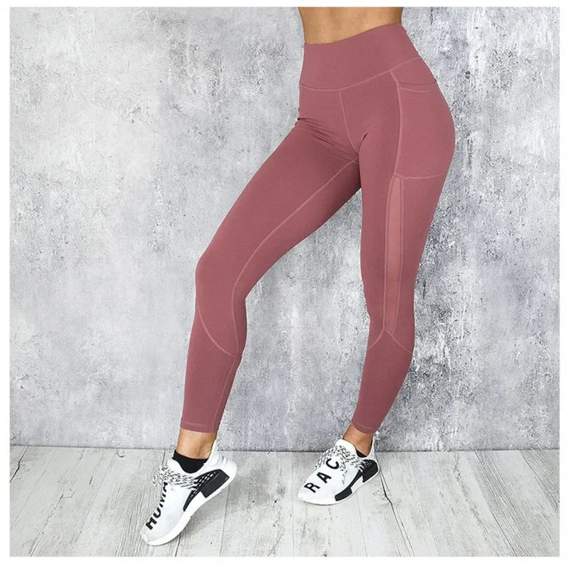 Mesh Spliced Leggings Women Seamless Tights with Pocket Pants High Waist Hip Lift Gym Trainning Running Elastic Slim Yoga Pants