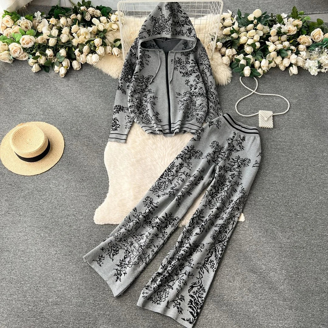 2 Piece Sets Women Casual Knitwear Hooded Zipper Sweatshirts Coats Conjunto High Waist Wide Leg Pants Suits