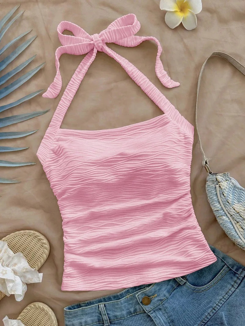 Summer New Women's Fashion Crop Halter Inside The Halter Wearing Sleeveless Short Slimming Vest Top