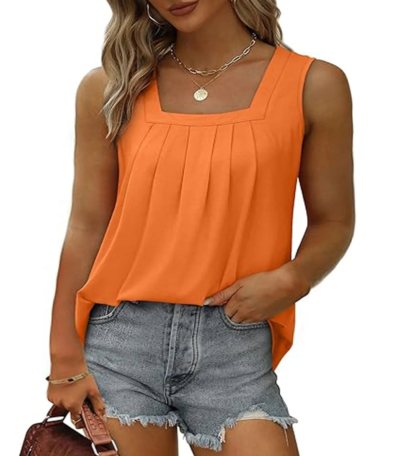 Plus Size Women's summer pleated square neck loose casual solid color sleeveless vest