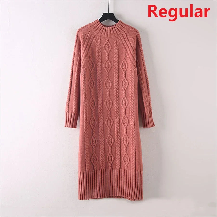 Winter Thicken Plush Velvet Lined Sweater Dress Women's Fall Half Turtleneck Rib Knit Bottom Dresses Elegant Warm Vestido Midi