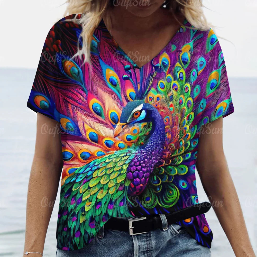 Women's T Shirt Tee 3d Peacock Feathers Print Daily Fashion Short Sleeve Aesthetics Casual V Neck Casual T-Shirts For Woman