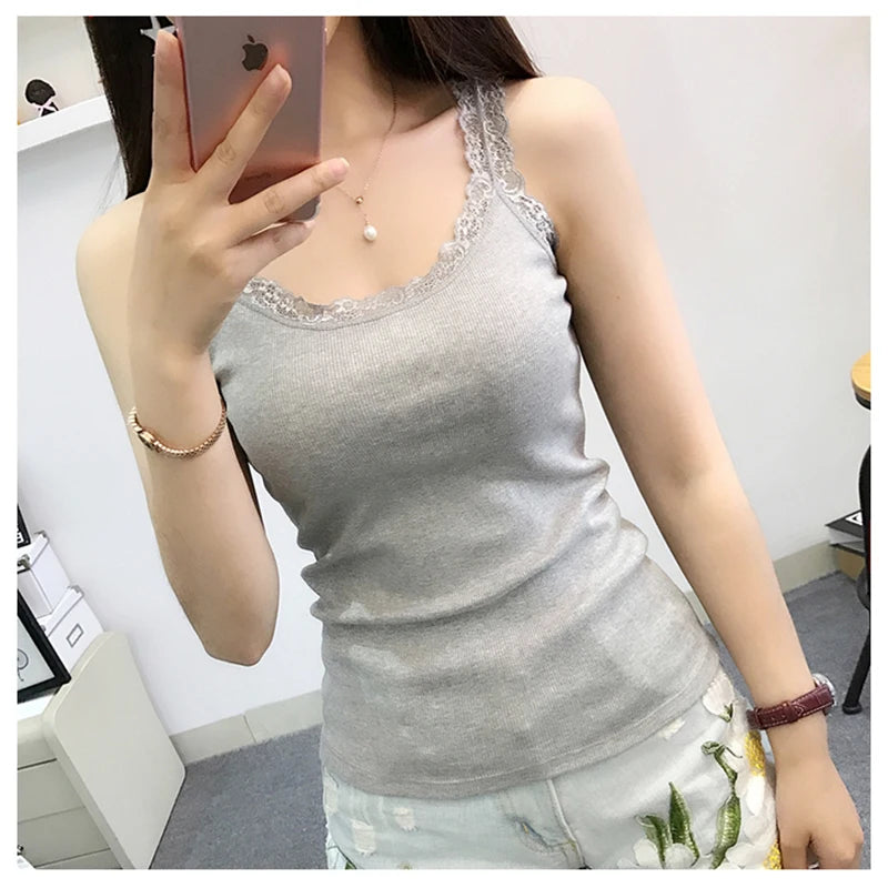 Summer Women Sleeveless Tanks Top Bodycon Temperament Sexy Lace Patchwork Tshirt Vest Tank Top Female Vest Tops Camis