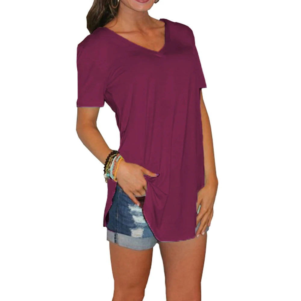 Summer solid color blouse V-neck short sleeve loose T-shirt hem arc women clothes