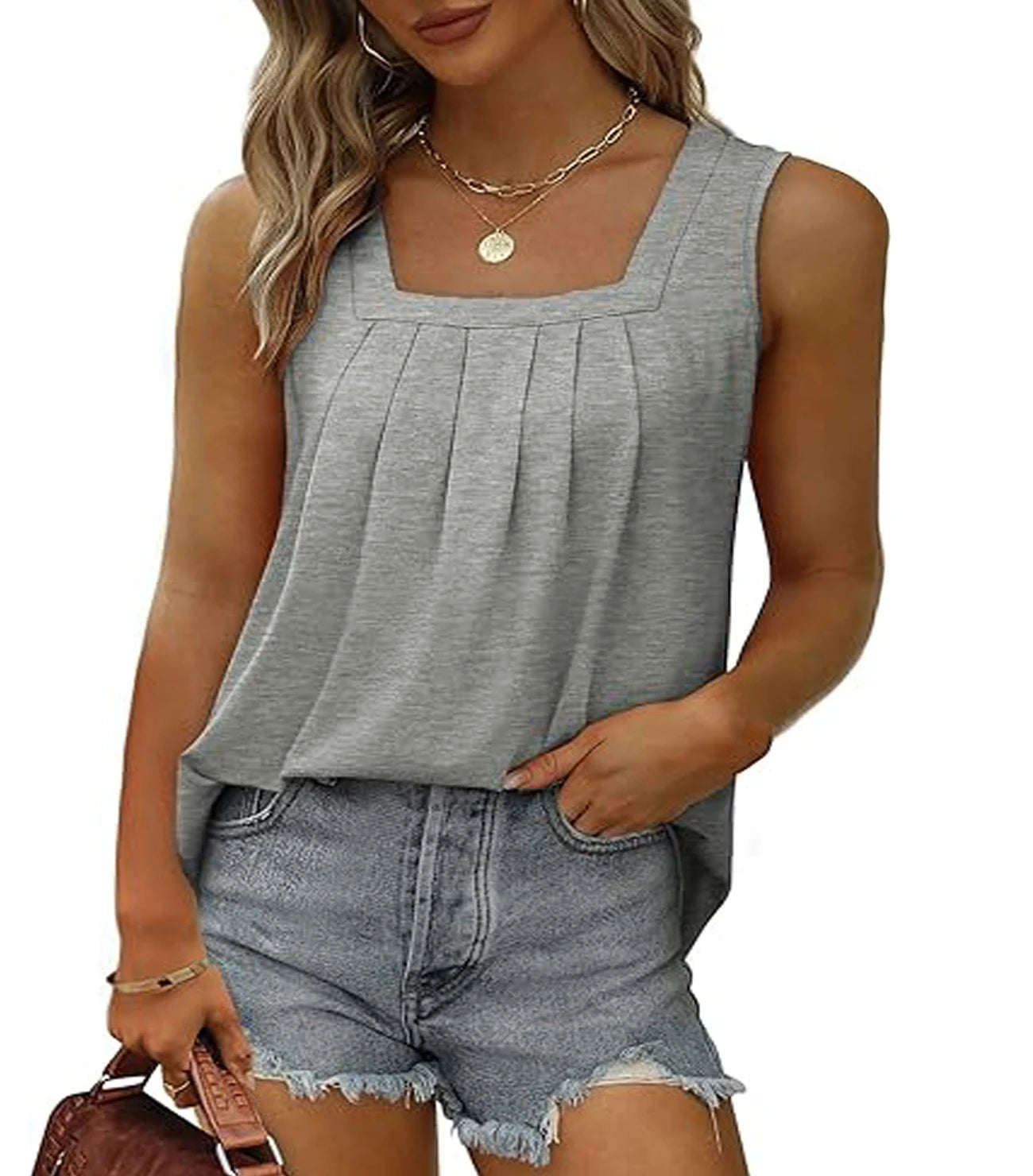 Plus Size Women's summer pleated square neck loose casual solid color sleeveless vest