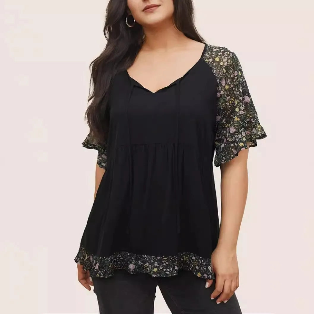 New Plus Size Women's Floral Mesh Stitching Jacket V Tie Decorative T-shirt