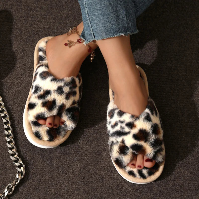 Leopard Print Fur Slippers Women Winter New Peep Toe Warm Plush Indoor Slides Woman Fashion Cross Strap Cotton House Slippers