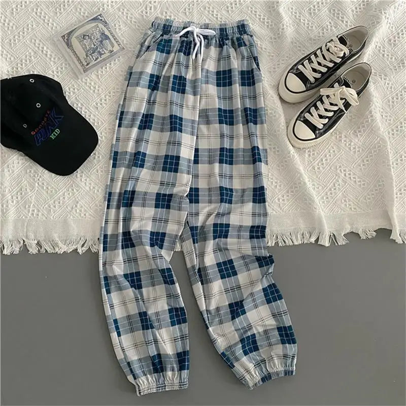 Casual Pants for Women Korean New Fashion Loose Black Plaid Summer Harajuku Students Harem Long Pants Streetwear Trousers Chic