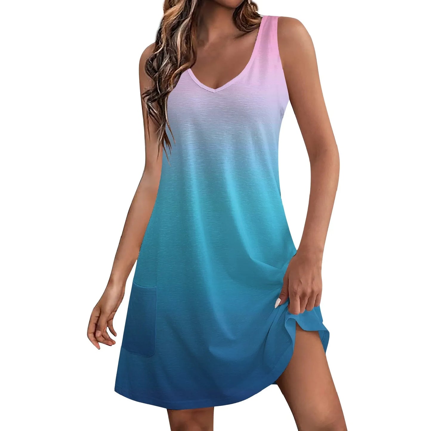 Women'S Casual Sundress With Pockets Summer Beach Dress Gradient Floral Blouses For Women T-Shirts Dress V Neck Loose Tank