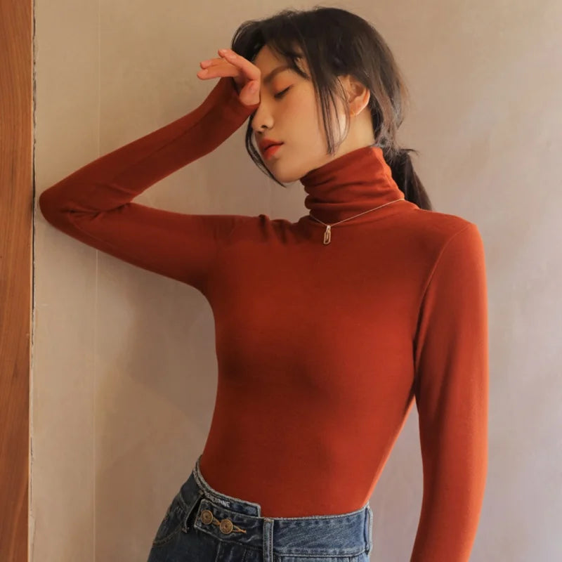 2024 Women Long Sleeve T Shirt Spring Autumn Winter Turtleneck Basic Tops Korean Casual Slim Pullover Elastic Base Tees Shirts