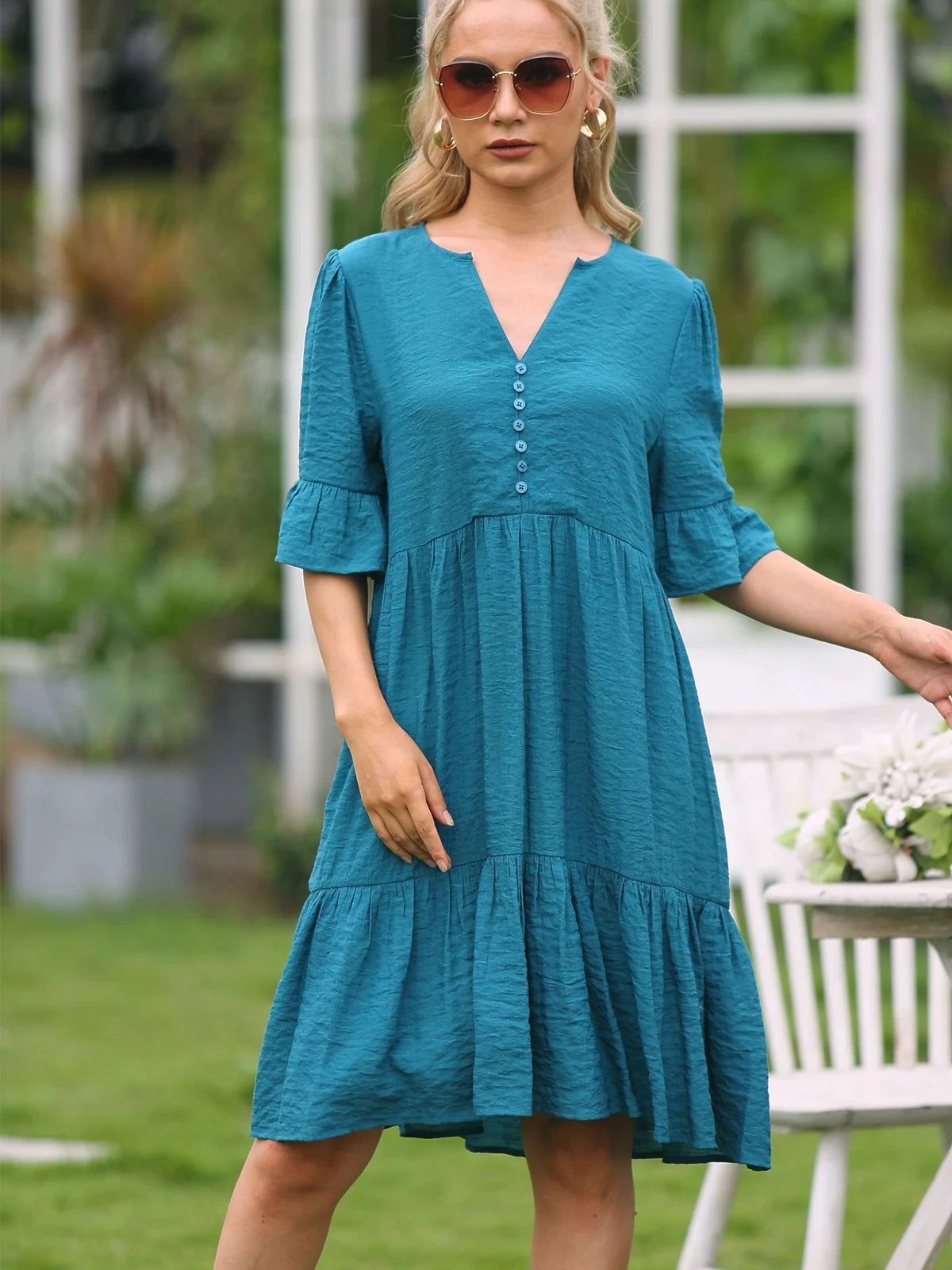 II 2023 Spring Summer Women Short Sleeve Tunic Ruffle Dress Solid Color Casual Split V Neck Dresses Loose Swing Mini Dress