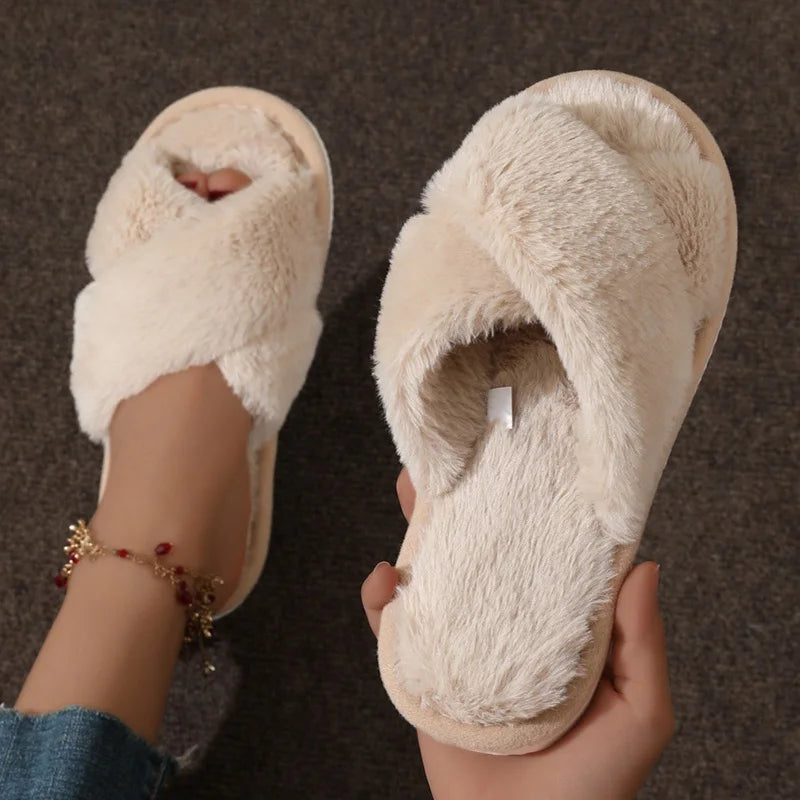 Leopard Print Fur Slippers Women Winter New Peep Toe Warm Plush Indoor Slides Woman Fashion Cross Strap Cotton House Slippers