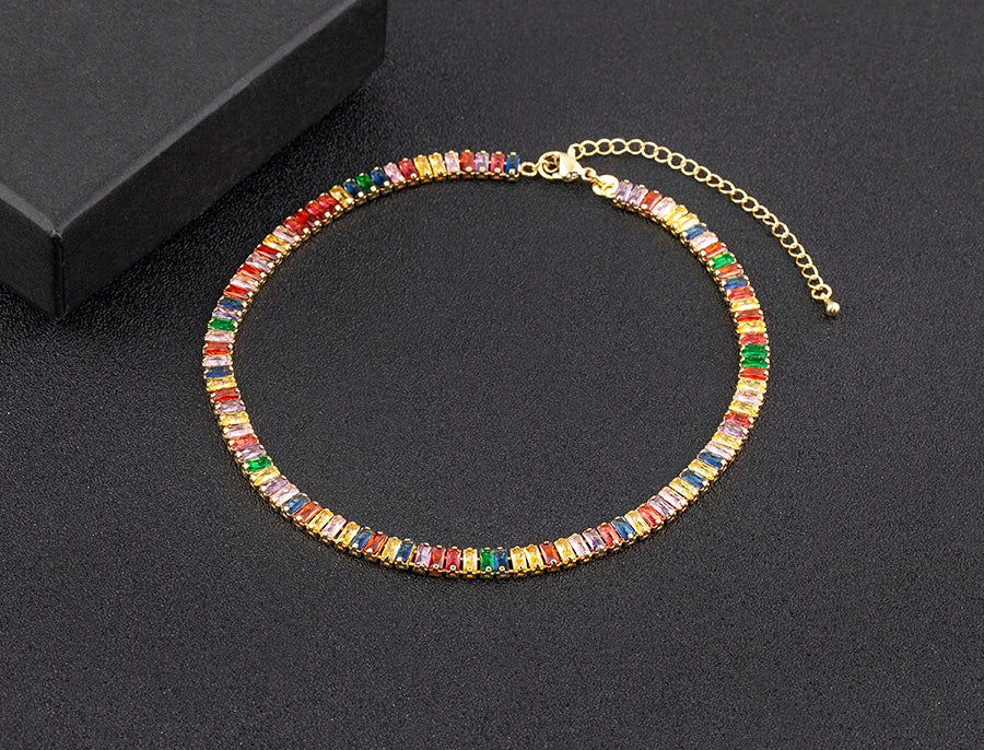 Colorful Necklace for Women Rectangular Full Zircon Neck Jewelry Adjustable Wedding Party Gift