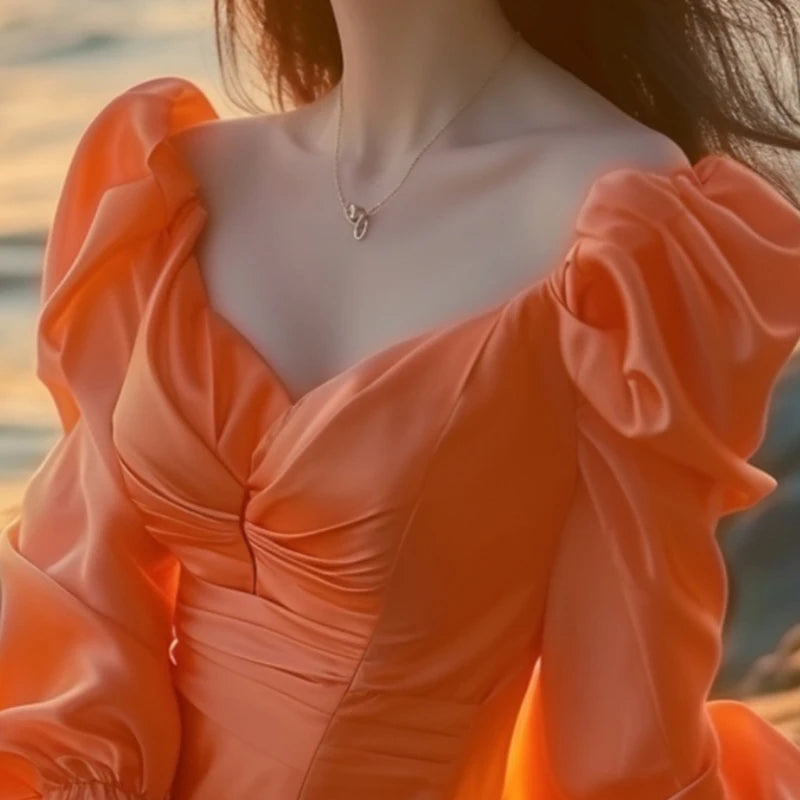 Beach Orange Satin Dress Summer Women's High-End Chic Elegant French Dresses Y2K V-Neck Five-Sleeve Bohemian Party Vestidos