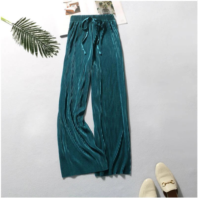 Women's Wide Leg Pants Pleated Ice Silk Trousers Elastic Waist Loose Casual Pants