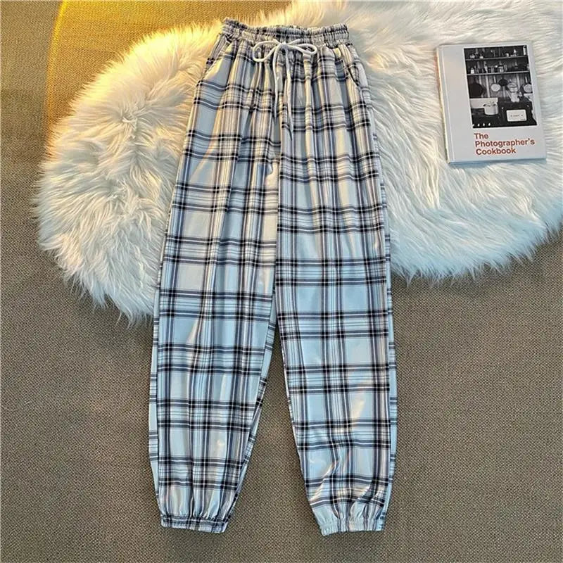 Casual Pants for Women Korean New Fashion Loose Black Plaid Summer Harajuku Students Harem Long Pants Streetwear Trousers Chic