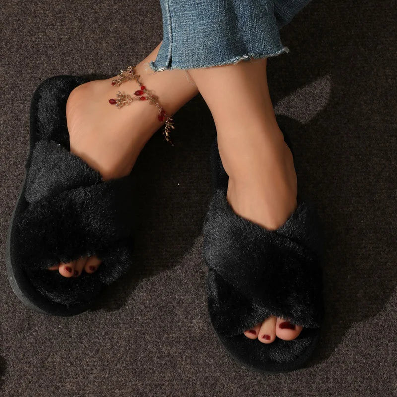 Leopard Print Fur Slippers Women Winter New Peep Toe Warm Plush Indoor Slides Woman Fashion Cross Strap Cotton House Slippers