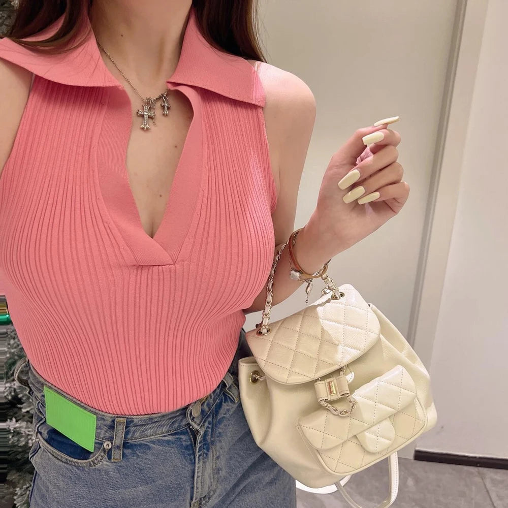 Knit Top Female Tank Vest Spring Autumn Casual Fashion V Neck Women Bralette Crop Polo Top S-XL