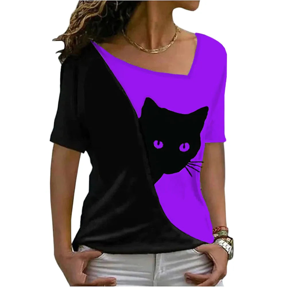 women’s blouse new style inclined collar black cat print short sleeve T-shirt women