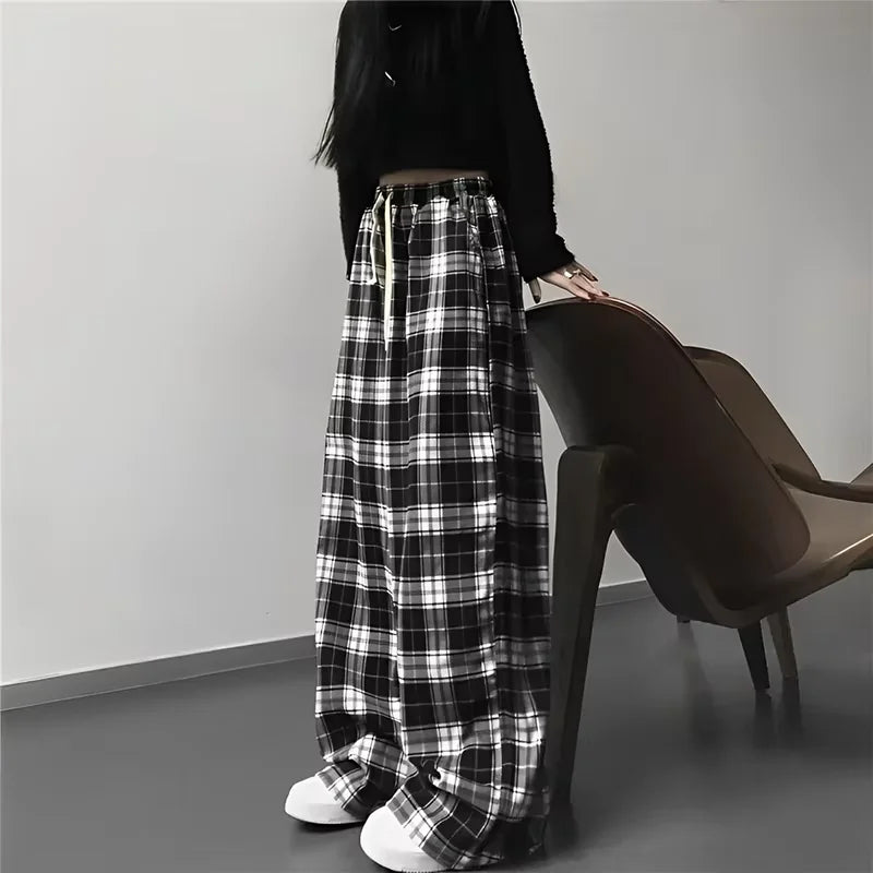 High-waisted Wide-leg Pants Casual Straight Hit Color Plaid Elastic Waist Dragging Pants