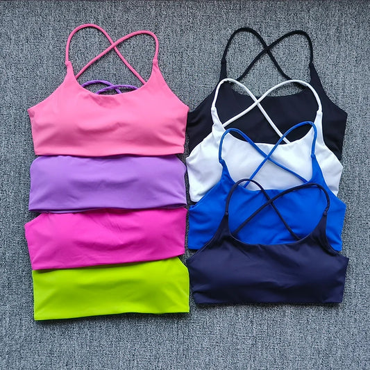 Solid Color Support Women Fitness Bra Yoga Vest Gym Sport Top Hollow back Push With Chest Pad Four Shoulder Straps Cross-back