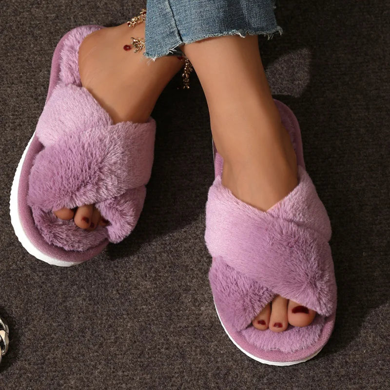 Leopard Print Fur Slippers Women Winter New Peep Toe Warm Plush Indoor Slides Woman Fashion Cross Strap Cotton House Slippers