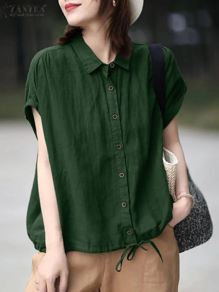 Summer Shirt Women Short Sleeve Blouse Elegant Solid OL Work Tops Casual Lapel Neck Buttons Down Blouses Female Chemise