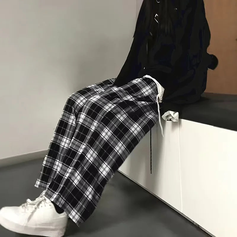 High-waisted Wide-leg Pants Casual Straight Hit Color Plaid Elastic Waist Dragging Pants