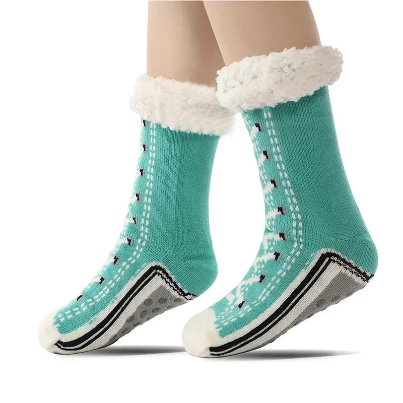 Thermal Fluffy Sock Women Winter Warm Plush Non Slip Home Sleeping Soft Female Floor Grip Fuzzy Slipper Sock Short Funny Zipper