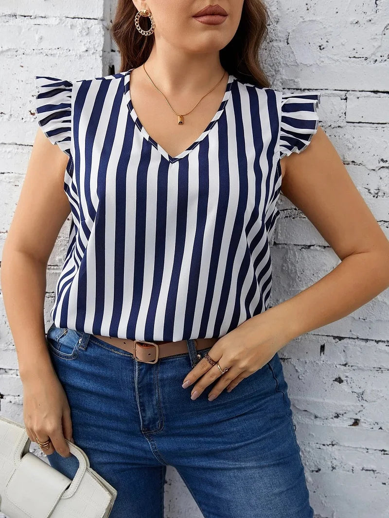 Summer Europe And The United States New Plus Size Women's V-Neck Ruffle Small Lotus Leaf Edge T-shirt Stripe Decoration