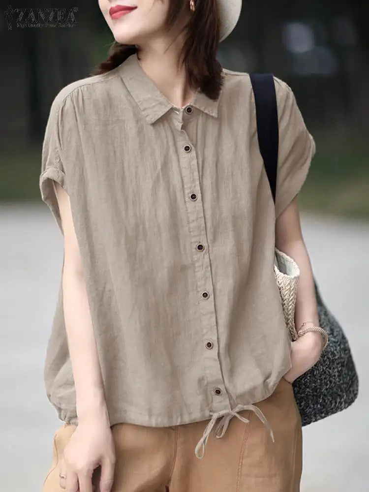 Summer Shirt Women Short Sleeve Blouse Elegant Solid OL Work Tops Casual Lapel Neck Buttons Down Blouses Female Chemise