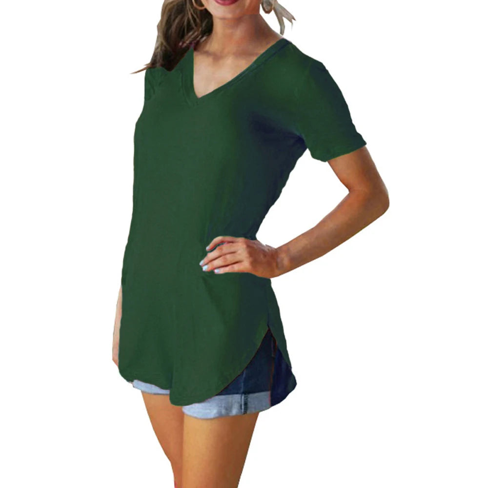 Summer solid color blouse V-neck short sleeve loose T-shirt hem arc women clothes