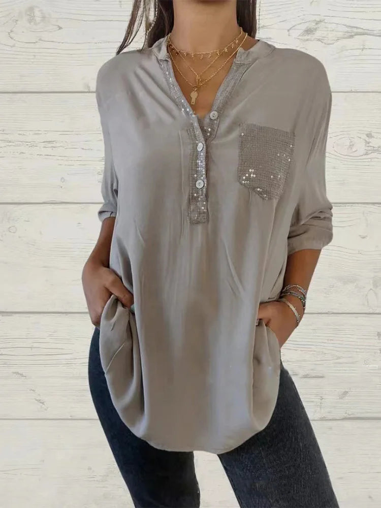 Autumn Sparkling Pocket Button Shirt Office Women's V-Neck Long Sleeved Blouse Casual Every Day Top Clothes