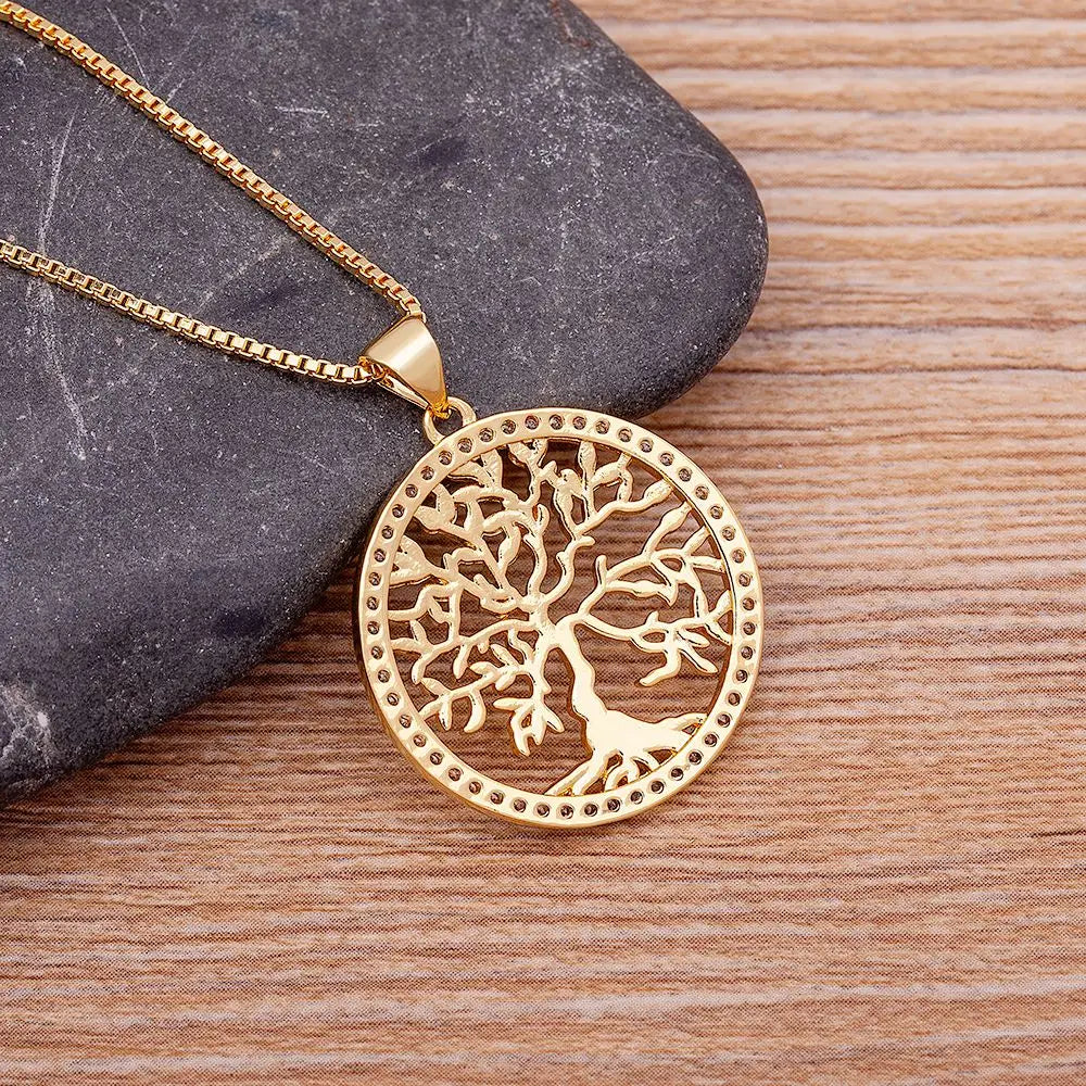 Tree of Life Gold Plated Crystal Necklaces & Pendants Women Zircon Chain Jewelry Collier Femme