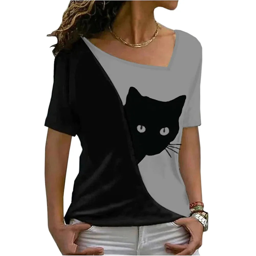 women’s blouse new style inclined collar black cat print short sleeve T-shirt women