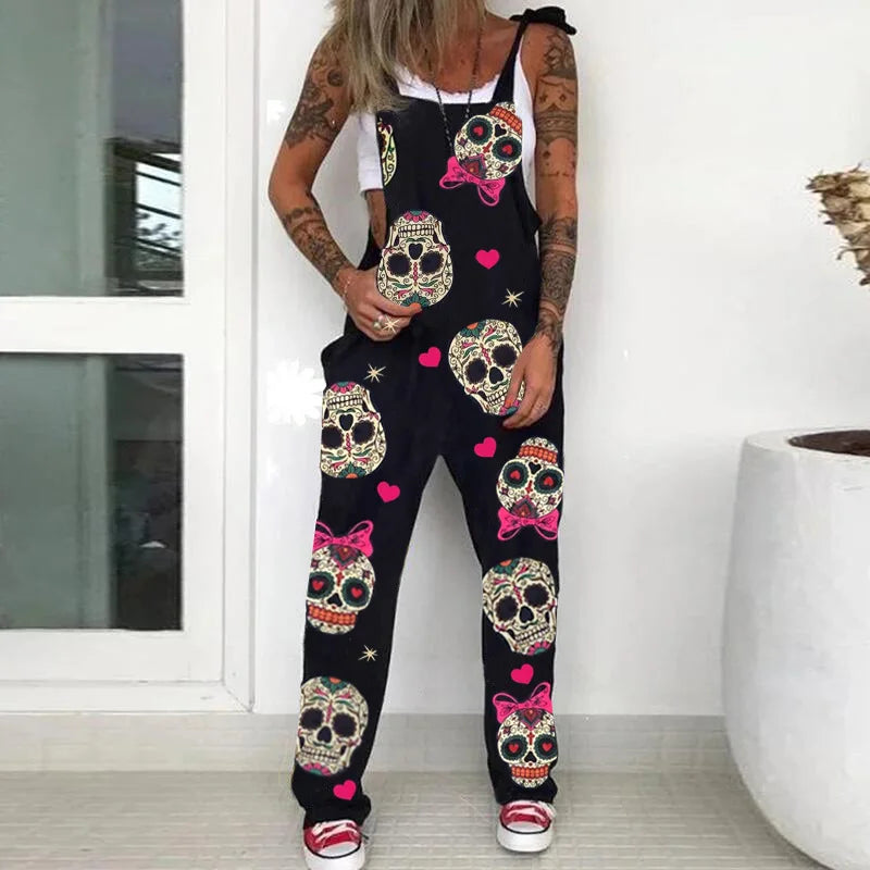 Fashion Gothic Skull Print Jumpsuits Women Spaghetti Strap Trouser Sexy Pocket Design Overalls Plus Size 4xl