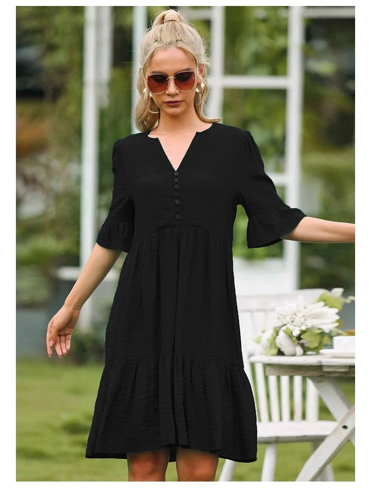 II 2023 Spring Summer Women Short Sleeve Tunic Ruffle Dress Solid Color Casual Split V Neck Dresses Loose Swing Mini Dress