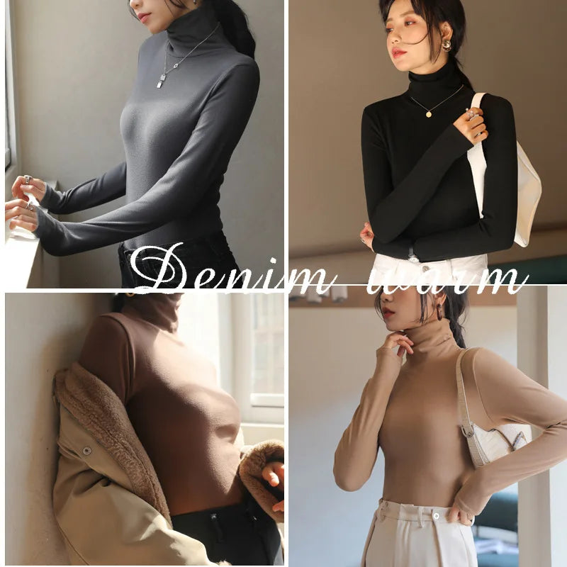 2024 Women Long Sleeve T Shirt Spring Autumn Winter Turtleneck Basic Tops Korean Casual Slim Pullover Elastic Base Tees Shirts