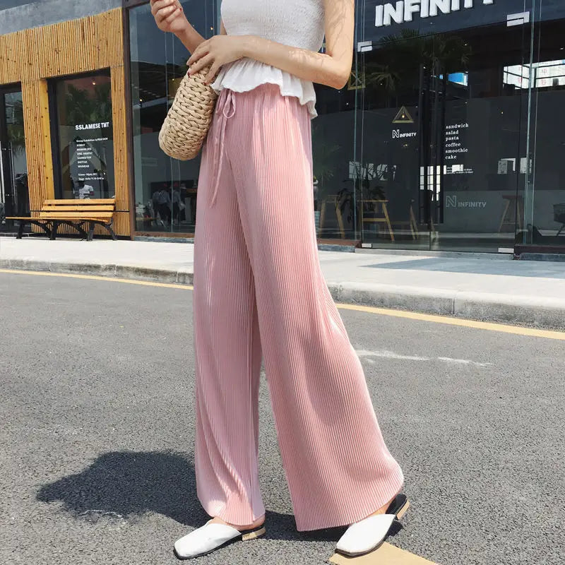 Women's Wide Leg Pants Pleated Ice Silk Trousers Elastic Waist Loose Casual Pants